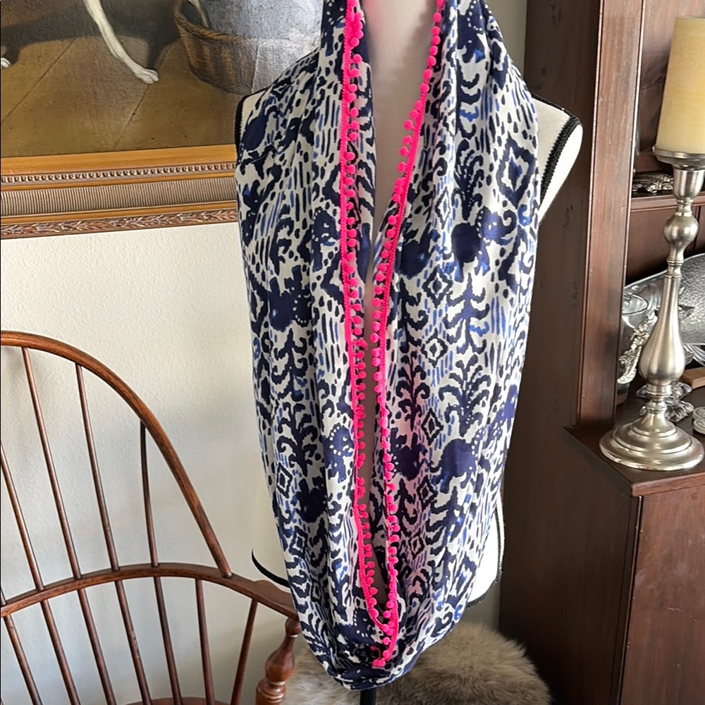 Lilly Pulitzer Riley Blue and White Patterned infinity Scarf with Pink Trim